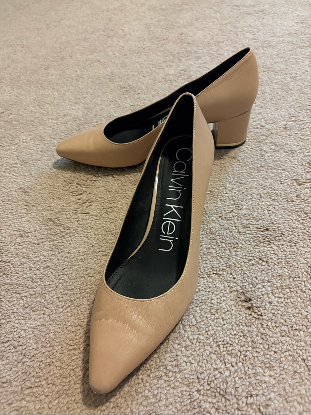 Calvin Klein Beige Pointed-Toe Block Heel Pumps